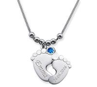 KIDDI-MEDIA Pendentif de petons de bébé avec prénom gravé et cristal en couleur du mois de naissance (pierre de naissance) / collier (40 cm) en argent 925 / le collier personnalisé pour maman