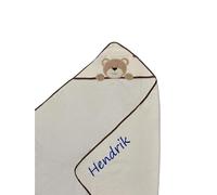 KIDDI-MEDIA Serviette de bain à capuche, brodée avec nom et date de naissance - 100 x 100 cm - Douce et douillette - Qualité 1A - 100 % coton (beige - ours)