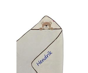 KIDDI-MEDIA Serviette de bain à capuche, brodée avec nom et date de naissance - 100 x 100 cm - Douce et douillette - Qualité 1A - 100 % coton (beige - ours)