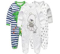 Kiddiezoom Lot de 3 grenouillères pour bébé garçon et fille, Dinosaure vert et ours, 3-6 mois
