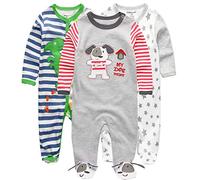 Kiddiezoom Lot de 3 pyjamas grenouillères unisexes en coton pour bébé garçon et fille, 9- 12 mois