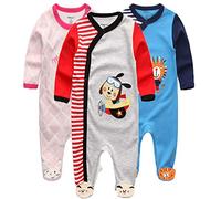 Kiddiezoom Lot de 3 pyjamas unisexe en coton pour bébé, garçon et fille, grenouillères, 0-3 mois