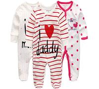 Kiddiezoom Lot de 3 pyjamas unisexe en coton pour bébé, garçon et fille, grenouillères, 3-6 mois