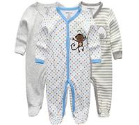 Kiddiezoom Lot de 3 pyjamas unisexe en coton pour bébé, garçon et fille, grenouillères, 6-9 mois