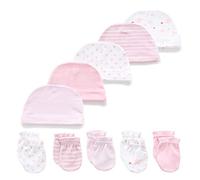 Kiddiezoom Lot de 5 Moufles et de 5 Bonnets en coton doux pour bébé garçon et fille - Rose/Blanc - M