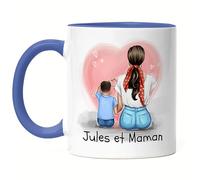 Kiddle-Design Mère Fils Tasse Bleue Fête des Mères Personnalisée Nom et Coiffure Maman et Fils Cadeau Enfants Tasse à Café pour Mères Cadeau