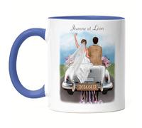 Kiddle-Design Mug Bleue de mariage personnalisé | Cadeau de mariage avec prénom | Couple de mariés Mug anniversaire de mariage Voiture de mariage