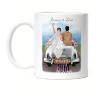 Kiddle-Design Mug de mariage personnalisé | Cadeau de mariage avec prénom | Couple de mariés Mug anniversaire de mariage Voiture de mariage