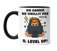 Kiddle-Design Tasse de gamer, personnalisable, cadeau d'anniversaire, pour les joueurs de joueurs, les nerds, tasse de joueur, pour homme, un joueur ne vieillit pas, noir