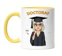 Kiddle-Design Tasse Jaune de graduation personnalisée | Cadeau de graduation Baccalauréat Licence Bachelor Master Femme | Cadeau de graduation avec nom diplômé Docteur