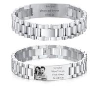 Kiddo Sky Argent Bracelet Personnalisé pour Papa Homme - Nom Gravé Texte Photo Bijoux en Acier Inoxydable Cadeaux pour Anniversaire Père Mari Grand-père Fils Petit Ami