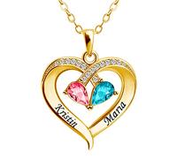 Kiddo Sky Collier Personnalisé avec Nom en Forme de Cœur avec Pierres de Naissance avec Boîte Cadeau Élégant Collier de Promesse Bijoux Cadeaux pour Maman Femme Épouse (Or)