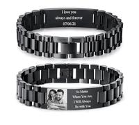 Kiddo Sky Noir Bracelet Personnalisé pour Papa Homme - Nom Gravé Texte Photo Bijoux en Acier Inoxydable Cadeaux pour Anniversaire Père Mari Grand-père Fils Petit Ami