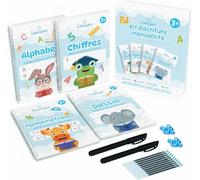 Kiddospace Cahier d'écriture en - Comprend 4 cahiers de Mathématiques, Nombres, Alphabet & Dessin - Livres d'écriture rainurés pour enfants - Stylo Magique inclus