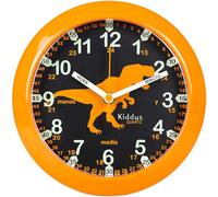 Kiddus Horloge murale pour enfant Horloge d’apprentissage analogique avec exercices Mouvement silencieux En plusieurs langues Espagnol Dinosaure