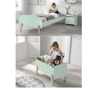 Vipack Lit simple KIDDY – bois laqué et brut, sommier, chevet 1 porte, coffre à jouets – Beige