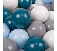 KiddyMoon 100 balles/7 cm Boules de jeu pour enfants Boules de bain pour bébés Boules en plastique uni fabriquées dans l'UE, turquoise foncé/bleu pastel/gris/blanc