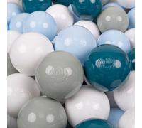 KiddyMoon 100 balles/7 cm Boules pour enfants Boules de jeu pour le bain Boules en plastique pour enfants fabriquées en UE, turquoise foncé/vert/gris/bleu pastel/blanc
