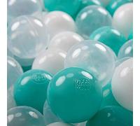 KiddyMoon 200 ∅ 7Cm Balles Colorées Plastique pour Piscine Enfant Bébé Fabriqué en EU, Turquoise Clair/Blanc/Transparent