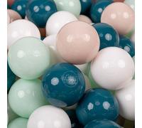 KiddyMoon 200 balles/7 cm Boules de jeu pour enfants Boules de bain pour enfants Boules en plastique uni fabriquées en UE, turquoise foncé/beige/blanc/menthe