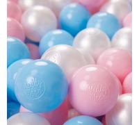 KiddyMoon 500 ∅ 6 cm Boules pour enfants pour jouer dans le bain Boules en plastique pour enfants fabriquées dans l'UE, bleu bébé/rose poudré/perle