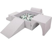KiddyMoon Aire De Jeux en Mousse avec Carré Piscine À Balles (200 Balles) pour Enfants, Gris Clair: Blanc/Gris/Menthe