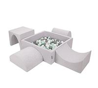 KiddyMoon Aire De Jeux en Mousse avec Carré Piscine À Balles (300 Balles) pour Enfants, Gris Clair: Blanc/Gris/Menthe