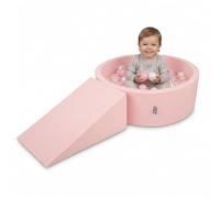 KiddyMoon Aire de Jeux en Mousse avec Piscine à Balles 90x30cm et Rampe 100 Balles 7cm pour Bébés et Enfants - Rose: Rose poudré Perle Transparent