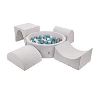 KiddyMoon Aire De Jeux en Mousse avec Rond Piscine À Balles (200 Balles) pour Enfants, Gris Clair: Gris/Blanc/Turquoise