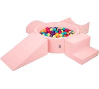 KiddyMoon aire de jeux en mousse souple pour enfants avec aire de jeux à balles rondes (300 ∅ 7 cm) avec obstacles souples et piscine à balles, fabriqué dans l'UE, Rose : Vert d'enfer/Jaune/Turquoise/