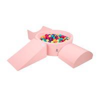 KiddyMoon aire de jeux en mousse souple pour enfants avec aire de jeux à balles rondes (300 ∅ 7 cm) avec obstacles souples et piscine à balles, fabriqué dans l'UE, Rose : Vert d'enfer/Jaune/Turquoise/