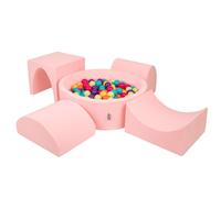 KiddyMoon aire de jeux en mousse souple pour enfants avec aire de jeux à balles rondes (300 ∅ 7 cm) avec obstacles souples et piscine à balles, fabriqué dans l'UE, Rose : Vert d'enfer/Jaune/Turquoise/