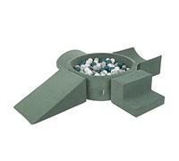 KiddyMoon Aire de jeux Velvet en mousse, avec piscine à balles ronde, en velours, 200 balles, version 5 fosses à balles, pour bébé, fabriquée dans l'UE, vert forêt, turquoise foncé/gris vert/blanc