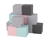 KiddyMoon Blocs De Construction 12 Pièces en Mousse pour Bébé Jouet Éducatif Housse en Coton, Cubes: Gris Clair/Gris Foncé/Rose/Menthe