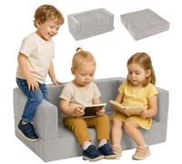 KiddyMoon Canapé en Mousse pour Enfants avec Deux Poufs pour Chambre d'enfant Léger Confortable Polyvalent Housse Amovible Design Moderne Parfait pour Jouer, Gris Clair