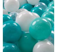 KiddyMoon Kids 200 ∅ 7 cm Play Ball Balls for Kids Plastic Bath Balls EU, Light Turquoise/White/Transparent/Turquoise