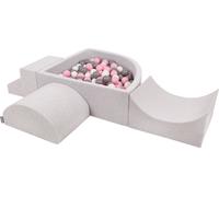 KiddyMoon Terrain de jeu en mousse avec bac à balles en quart de cercle (300 balles) Parcours d'obstacles, gris clair:blanc/gris/rose poudré