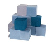 KiddyMoon Velour Blocs Mous pour Bébé 12 Pièces Cubes De Construction en Mousse 14Cm, Cubes: Bleu Lagune-Bleu Glacier-Gris De Montagnes