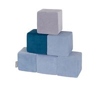KiddyMoon Velour Blocs Mous pour Bébé 6 Pièces Cubes De Construction en Mousse 14Cm, Cubes: Bleu Lagune-Bleu Glacier-Gris De Montagnes