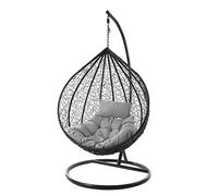 KIDEO Ensemble complet : grand fauteuil suspendu avec armature et coussin, fauteuil en osier (panier et structure : noir, coussin : gris matelassé Chester (8008_Cloud))