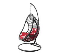 KIDEO Ensemble complet : grand fauteuil suspendu avec armature et coussin, fauteuil suspendu gris, pour l'intérieur et l'extérieur, polyrotin, anthracite (coussin : motif pattes nid rouge (3011 paw))