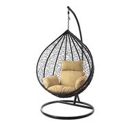 KIDEO Ensemble complet : grand fauteuil suspendu avec structure et coussin, fauteuil en osier (panier et structure : noir, coussin : nid marron clair (7007_capucchin))