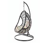 KIDEO Ensemble complet : grand fauteuil suspendu avec structure et coussin, poly rotin, noir (coussin : nid à motifs ivoire (0056 Ivory Birds))