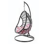 KIDEO Ensemble complet : grand fauteuil suspendu avec structure et coussin, poly rotin, noir (coussin : nid fleuri rose (1333 Sweet Flower Love))