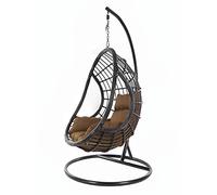 KIDEO Ensemble complet : grand fauteuil suspendu avec structure et coussin, poly rotin, noir (coussin : nid marron foncé (7790 chocolat))