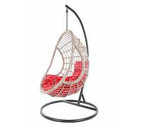KIDEO Ensemble complet : grand fauteuil suspendu avec structure et coussin, polyrotin, gris/beige (coussin : nid à motifs rouges (3088 red Frizzy))