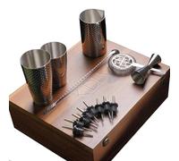 Kidia Cocktail Set Geometric Lines - Kit Barman Professionnel avec Shaker Boston, Verre à Mélange, Jigger, Passoire, Cuillère Vela et 8 Bec Verseurs - Coffret Bois Premium avec Plaque en Laiton