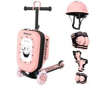 Kidiyana Valise scooter pour enfant, valise pour enfant avec trottinette et roues LED, guidon réglable en hauteur, fenêtre de visualisation A5, extension de l'espace de rangement de 7 cm, convient