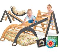 Kidiz® Ensemble de jeu Montessori 7en1 avec structure d’escalade, arc à grimper, toboggan, triangle d’escalade en bois avec coussins, tableau et horloge éducative | Aire de jeux intérieure pour les