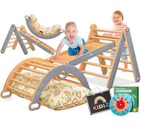 Kidiz® Ensemble de jeu Montessori 7en1 avec structure d’escalade, arc à grimper, toboggan, triangle d’escalade en bois avec coussins, tableau et horloge éducative | Aire de jeux intérieure pour les